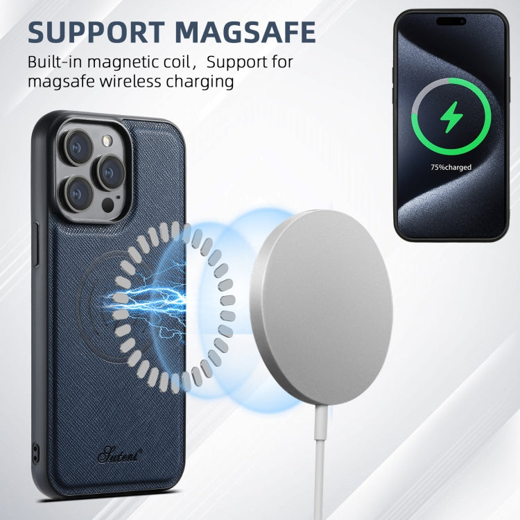 For iPhone 16 Suteni H18 Cross Grain MagSafe Wallet Leather Phone Case(Blue) - free shipping - PMC Jewellery - Order now!