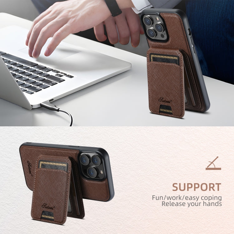 For iPhone 13 Pro Suteni H18 Cross Grain MagSafe Wallet Leather Phone Case(Brown) - iPhone 13 Pro Cases by Suteni | Online Shopping South Africa | PMC Jewellery | Buy Now Pay Later Mobicred