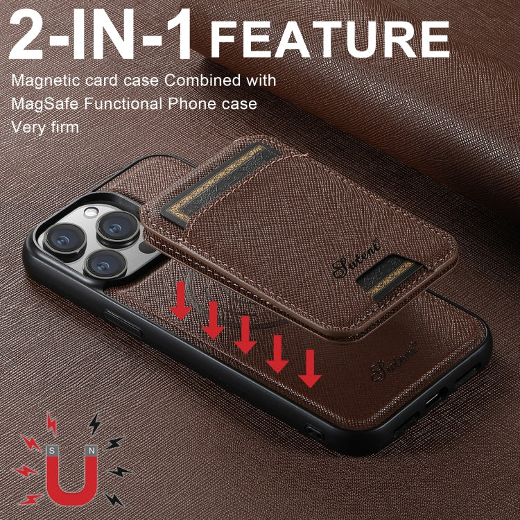 For iPhone 13 Pro Suteni H18 Cross Grain MagSafe Wallet Leather Phone Case(Brown) - iPhone 13 Pro Cases by Suteni | Online Shopping South Africa | PMC Jewellery | Buy Now Pay Later Mobicred