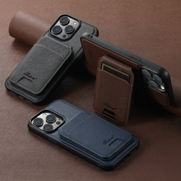 For iPhone 15 Pro Max Suteni H18 Cross Grain MagSafe Wallet Leather Phone Case(Brown) - iPhone 15 Pro Max Cases by Suteni | Online Shopping South Africa | PMC Jewellery | Buy Now Pay Later Mobicred