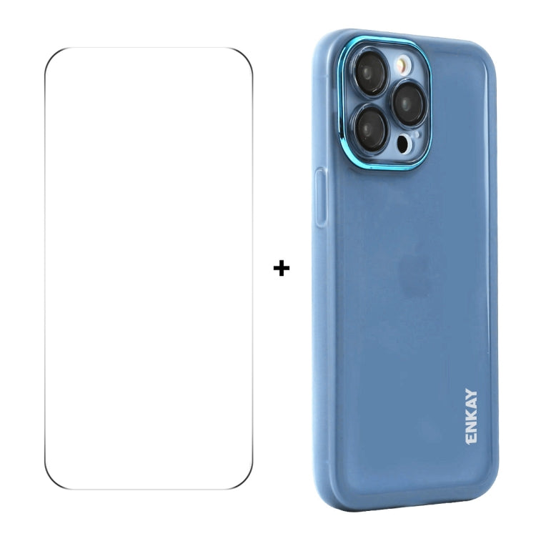 For iPhone 16 Pro Max ENKAY Hat-Prince Translucent Matte TPU Phone Case with Lens Film + 9H Big Arc Edge Film(Blue) - iPhone 16 Pro Max Cases by ENKAY | Online Shopping South Africa | PMC Jewellery | Buy Now Pay Later Mobicred