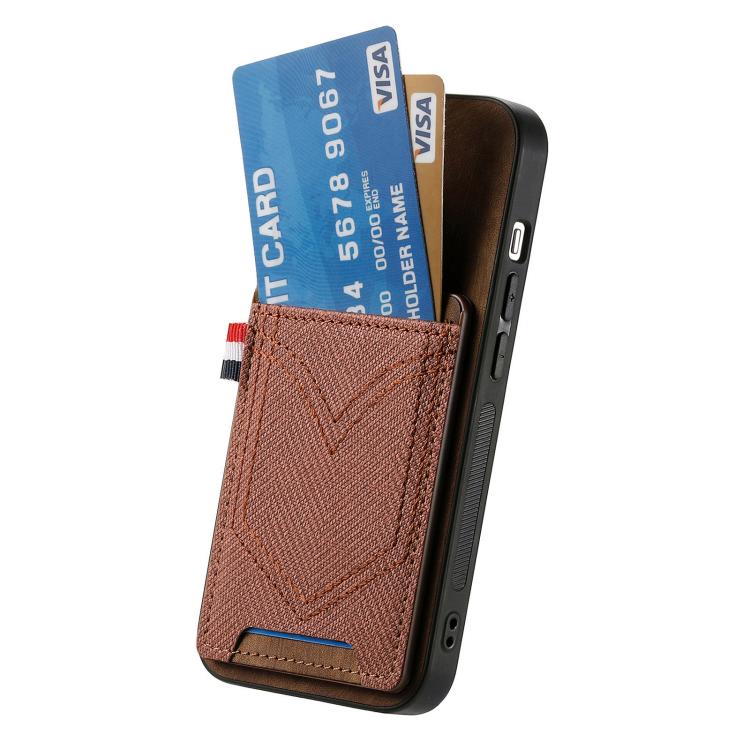 For iPhone 16e Denim Texture Leather Skin Phone Case with Card Slot(Brown) - iPhone 16e Cases by PMC TechLife | Online Shopping South Africa | PMC TechLife | Buy Now Pay Later Mobicred
