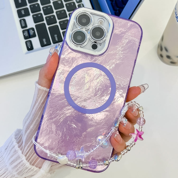 For iPhone 16 Pro Plating Texture Wristband MagSafe TPU Phone Case with Glitter Lens Film(Purple Tinfoil Texture) - iPhone 16 Pro Cases by PMC Jewellery | Online Shopping South Africa | PMC Jewellery | Buy Now Pay Later Mobicred