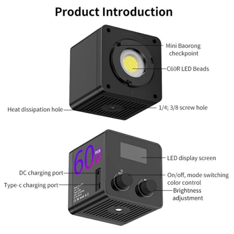 C60R 60W RGB Stage Lamp Professional Video Photography COB Fill Light With 8 Batteries, Plug:EU Plug - Selfie Light by PMC TechLife | Online Shopping South Africa | PMC TechLife | Buy Now Pay Later Mobicred