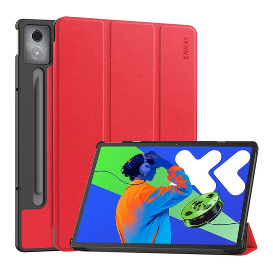 For Lenovo Xiaoxin Pad Pro 12.7 2025 ENKAY Tri-fold Custer Texture Platic Leather Smart Tablet Case(Red) - Lenovo by ENKAY | Online Shopping South Africa | PMC Jewellery | Buy Now Pay Later Mobicred