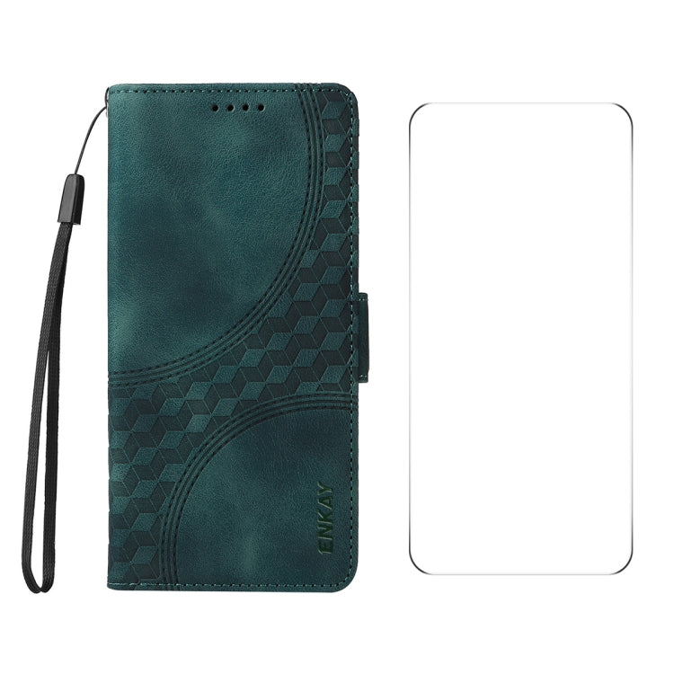 For iPhone 16 Plus ENKAY Embossed Rhombus Starry Leather Phone Case with Screen Film(Green) - iPhone 16 Plus Cases by ENKAY | Online Shopping South Africa | PMC Jewellery | Buy Now Pay Later Mobicred