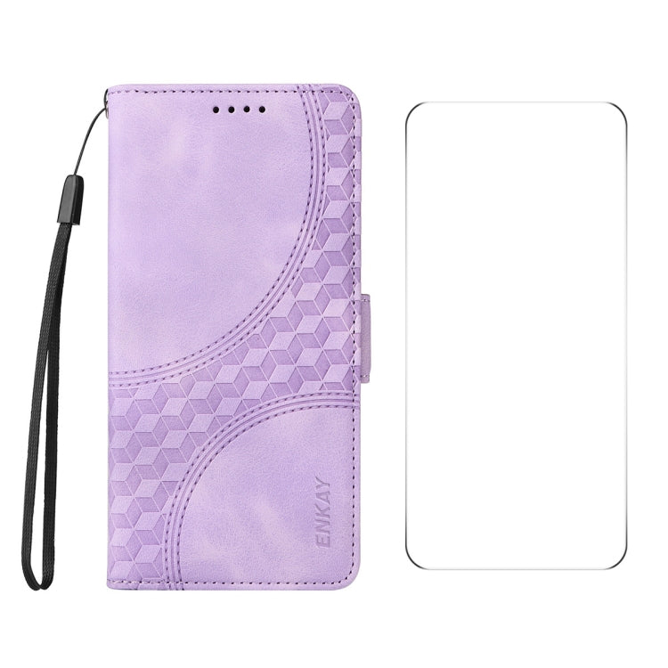 For iPhone 16 Pro Max ENKAY Embossed Rhombus Starry Leather Phone Case with Screen Film(Purple) - iPhone 16 Pro Max Cases by ENKAY | Online Shopping South Africa | PMC Jewellery | Buy Now Pay Later Mobicred