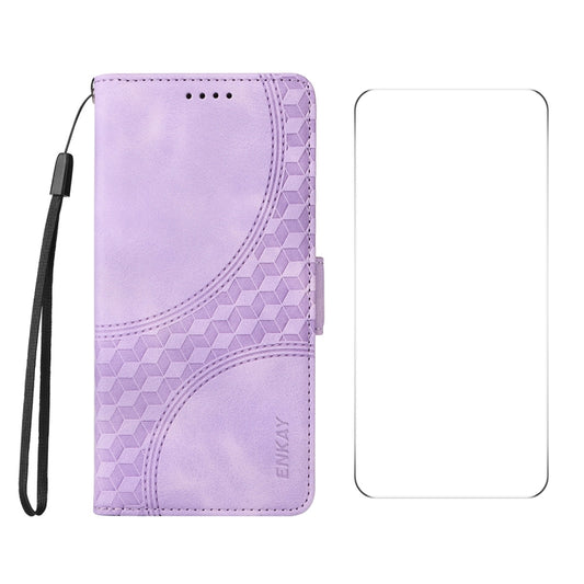 For iPhone 16e ENKAY Embossed Rhombus Starry Leather Phone Case with Screen Film(Purple) - iPhone 16e Cases by ENKAY | Online Shopping South Africa | PMC Jewellery | Buy Now Pay Later Mobicred