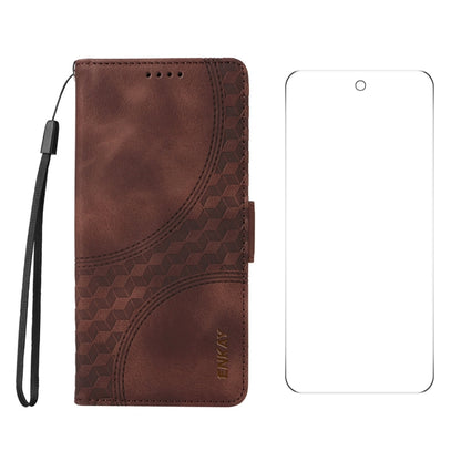 For Google Pixel 9 Pro ENKAY Embossed Rhombus Starry Leather Phone Case with Screen Film(Brown) - Google Cases by ENKAY | Online Shopping South Africa | PMC Jewellery | Buy Now Pay Later Mobicred