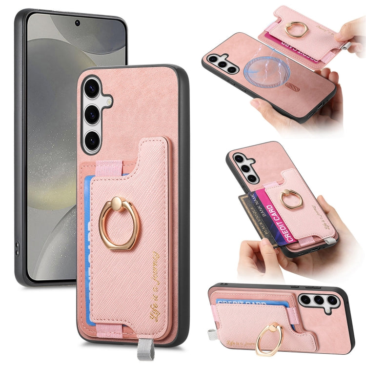 For Samsung Galaxy S25+ 5G Retro Cross Leather Ring Horizontal Insert Card Bag MagSafe Phone Case(Pink) - Galaxy S25+ 5G Cases by PMC Jewellery | Online Shopping South Africa | PMC Jewellery | Buy Now Pay Later Mobicred