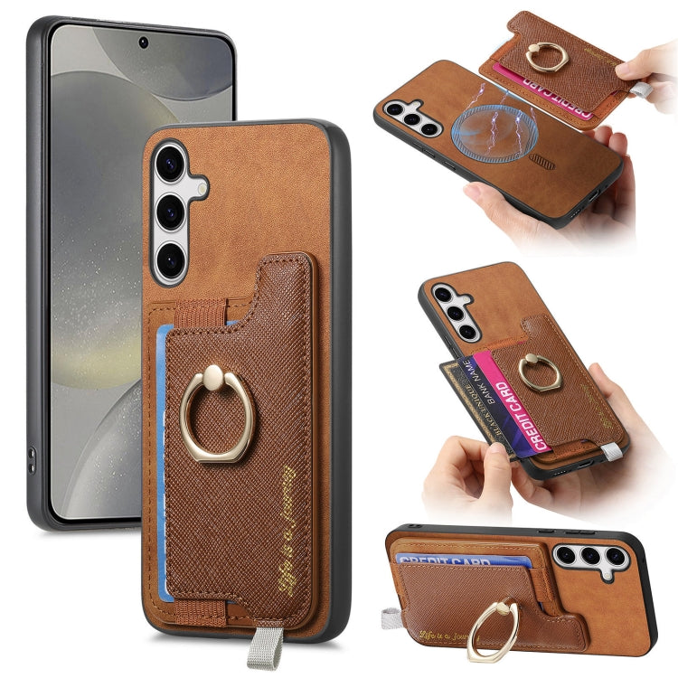 For Samsung Galaxy S25 Ultra 5G Retro Cross Leather Ring Horizontal Insert Card Bag MagSafe Phone Case(Brown) - Galaxy S25 Ultra 5G Cases by PMC Jewellery | Online Shopping South Africa | PMC Jewellery | Buy Now Pay Later Mobicred