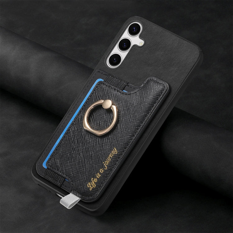 For Samsung Galaxy S25 Ultra 5G Retro Cross Leather Ring Horizontal Insert Card Bag MagSafe Phone Case(Black) - Galaxy S25 Ultra 5G Cases by PMC Jewellery | Online Shopping South Africa | PMC Jewellery | Buy Now Pay Later Mobicred