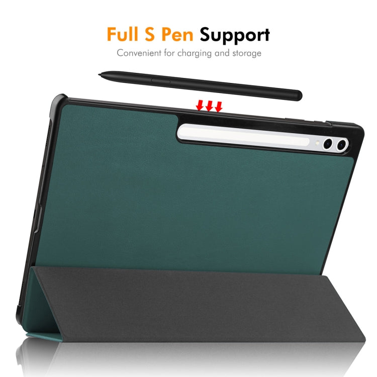 For Samsung Galaxy Tab S10 Ultra / S9 Ultra ENKAY Tri-fold Custer Texture Plastic Leather Smart Tablet Case with Pen Slot(Dark Green) - Galaxy Tab S9 Ultra Cases by ENKAY | Online Shopping South Africa | PMC Jewellery | Buy Now Pay Later Mobicred