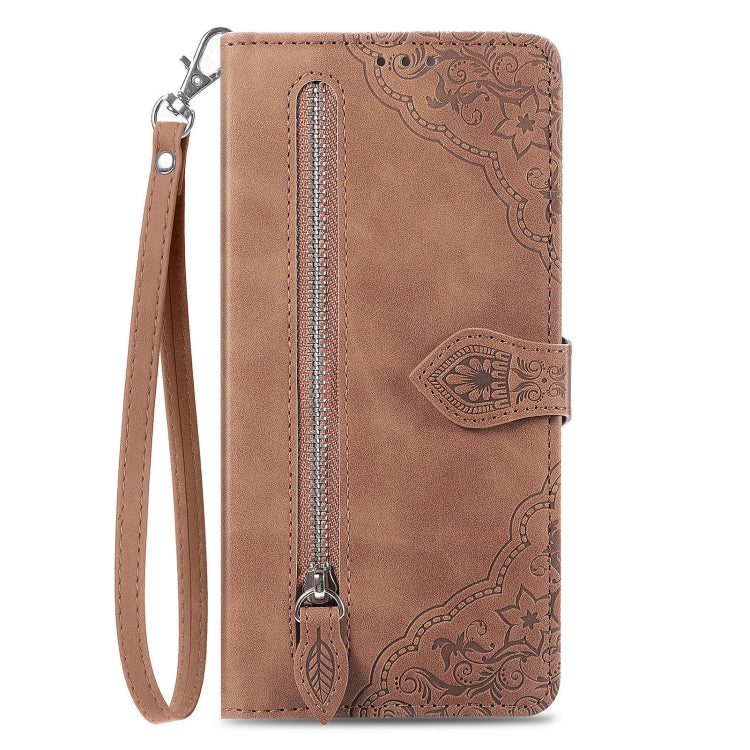 For Samsung Galaxy S25+ 5G Embossed Flower Zipper Leather Phone Case(Brown) - Galaxy S25+ 5G Cases by PMC TechLife | Online Shopping South Africa | PMC TechLife | Buy Now Pay Later Mobicred