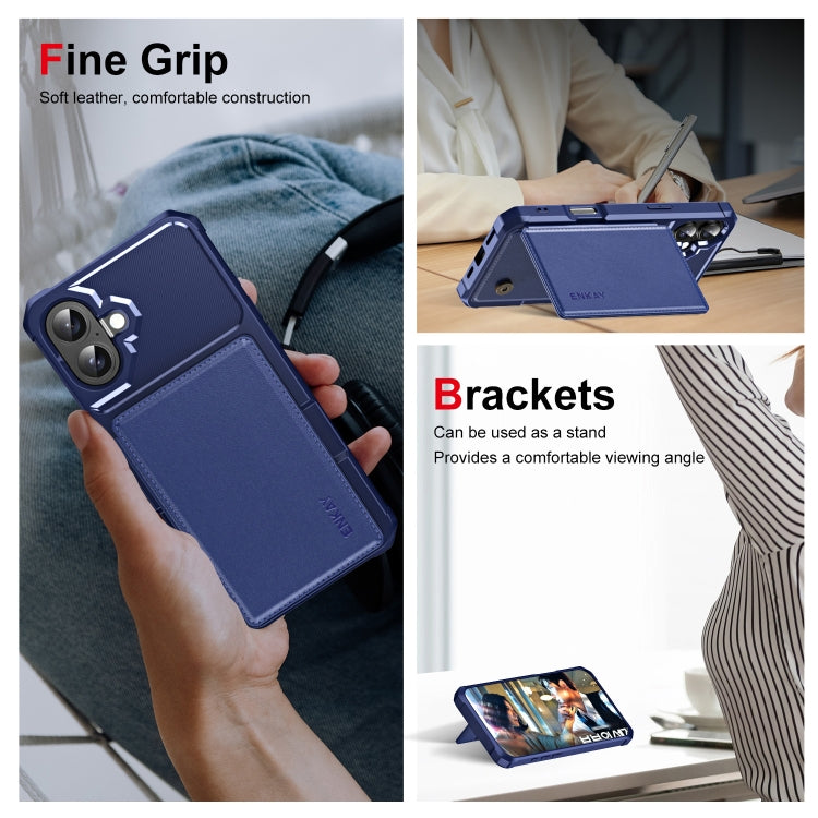 For iPhone 16 Plus ENKAY Hat-Prince Card Slot Wallet TPU Back Leather Phone Case with Lens Film(Dark Blue) - iPhone 16 Plus Cases by ENKAY | Online Shopping South Africa | PMC Jewellery | Buy Now Pay Later Mobicred