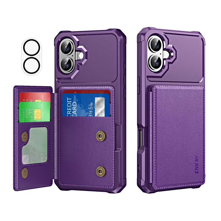 For iPhone 16 Plus ENKAY Hat-Prince Card Slot Wallet TPU Back Leather Phone Case with Lens Film(Purple) - iPhone 16 Plus Cases by ENKAY | Online Shopping South Africa | PMC Jewellery | Buy Now Pay Later Mobicred