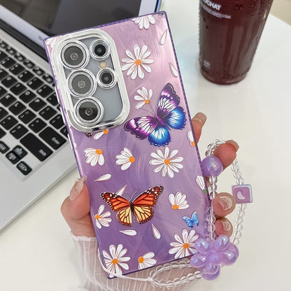 For Samsung Galaxy S25 Ultra 5G Plating Texture Butterfly Wristband TPU Phone Case with Glitter Lens Film(Daisy Butterflies HU2) - Galaxy S25 Ultra 5G Cases by PMC Jewellery | Online Shopping South Africa | PMC Jewellery | Buy Now Pay Later Mobicred