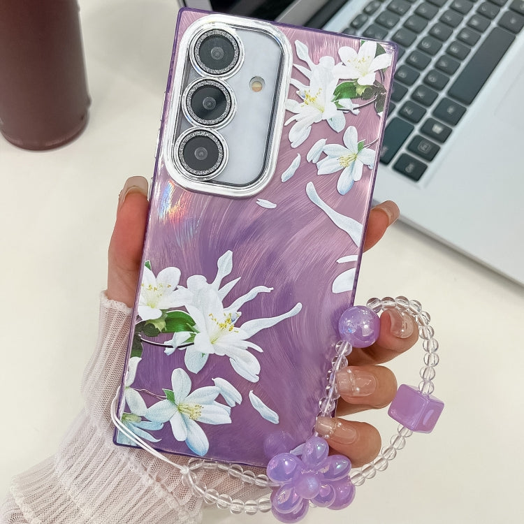 For Samsung Galaxy S25+ 5G Electroplating Flowers Plants Texture Wristband TPU Phone Case(Gardenia FL15) - Galaxy S25+ 5G Cases by PMC Jewellery | Online Shopping South Africa | PMC Jewellery | Buy Now Pay Later Mobicred