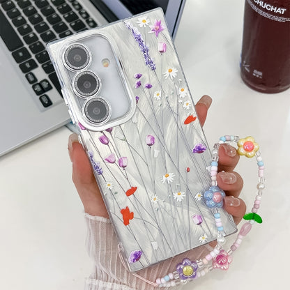 For Samsung Galaxy S25 5G Electroplating Flower Texture Wristband TPU Phone Case(Purple Wildflowers SH1) - Galaxy S25 5G Cases by PMC Jewellery | Online Shopping South Africa | PMC Jewellery | Buy Now Pay Later Mobicred