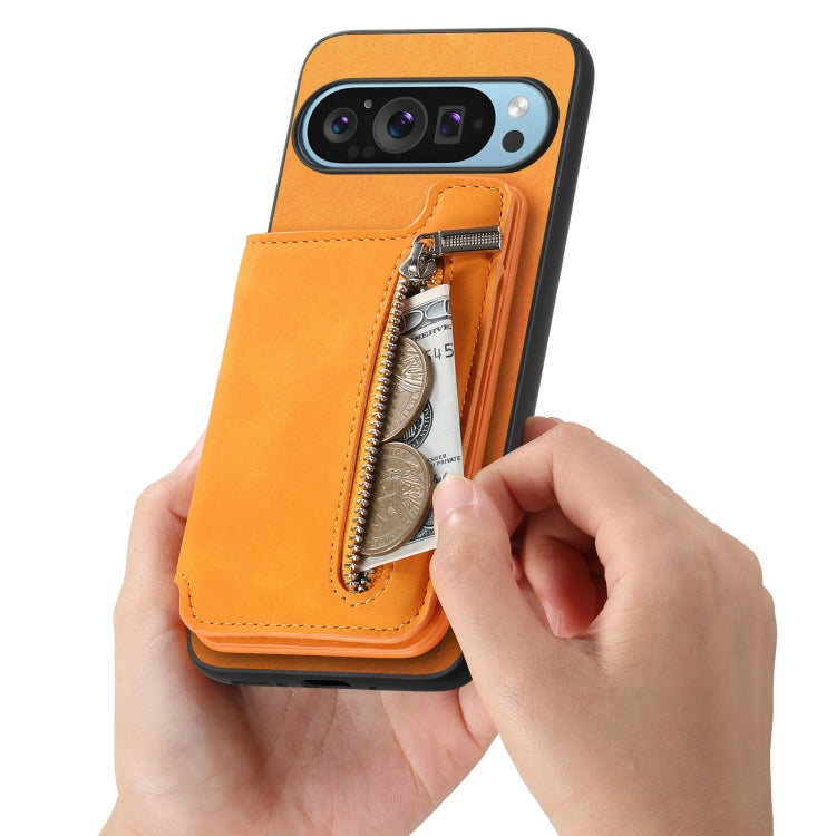 For Google Pixel 8a Retro MagSafe Zipper Wallet Card Bag Back Phone Case(Yellow) - Google Cases by PMC TechLife | Online Shopping South Africa | PMC TechLife | Buy Now Pay Later Mobicred