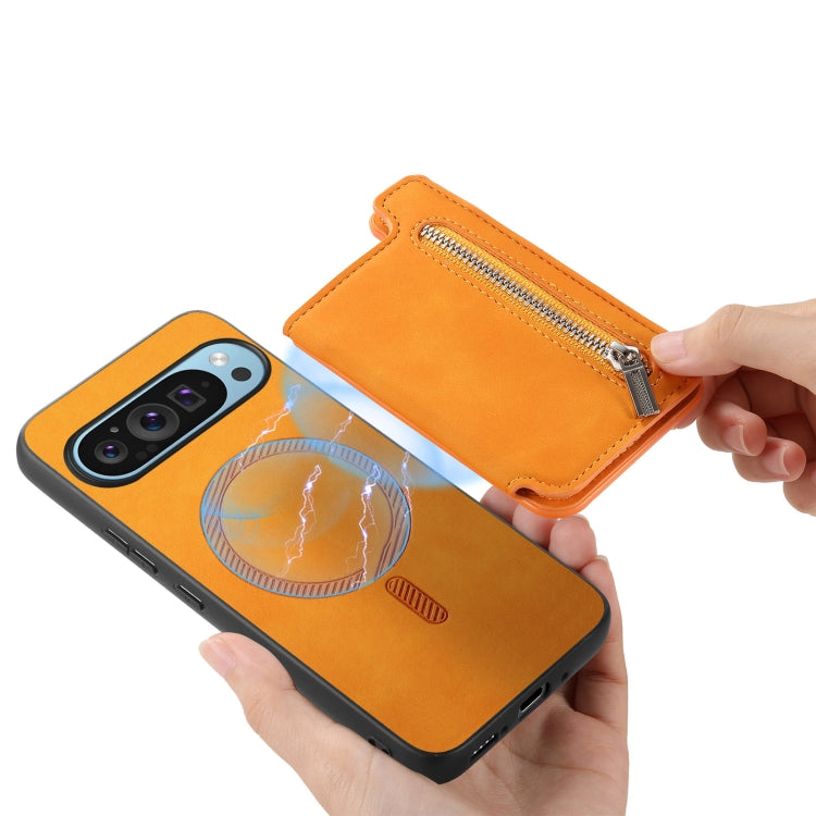 For Google Pixel 8a Retro MagSafe Zipper Wallet Card Bag Back Phone Case(Yellow) - Google Cases by PMC TechLife | Online Shopping South Africa | PMC TechLife | Buy Now Pay Later Mobicred
