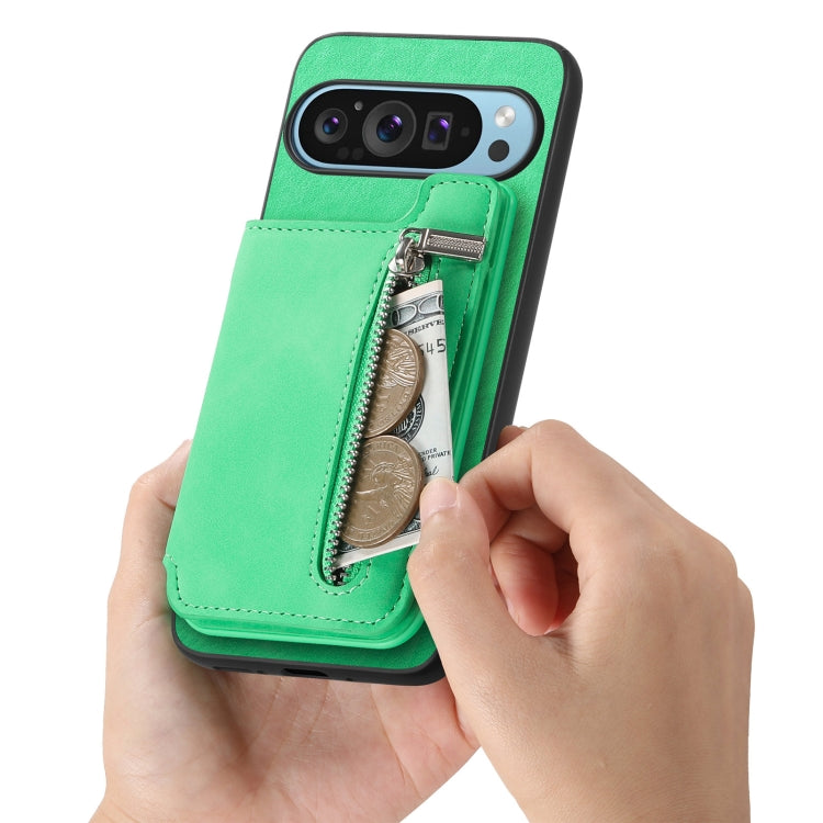 For Google Pixel 8a Retro MagSafe Zipper Wallet Card Bag Back Phone Case(Green) - Google Cases by PMC TechLife | Online Shopping South Africa | PMC TechLife | Buy Now Pay Later Mobicred