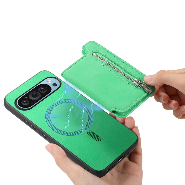 For Google Pixel 8a Retro MagSafe Zipper Wallet Card Bag Back Phone Case(Green) - Google Cases by PMC TechLife | Online Shopping South Africa | PMC TechLife | Buy Now Pay Later Mobicred