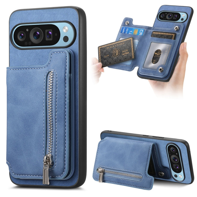 For Google Pixel 8 Pro Retro MagSafe Zipper Wallet Card Bag Back Phone Case(Blue) - Google Cases by PMC TechLife | Online Shopping South Africa | PMC TechLife | Buy Now Pay Later Mobicred