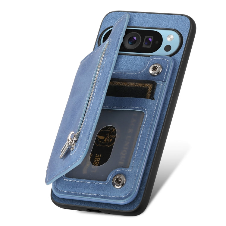 For Google Pixel 8 Pro Retro MagSafe Zipper Wallet Card Bag Back Phone Case(Blue) - Google Cases by PMC TechLife | Online Shopping South Africa | PMC TechLife | Buy Now Pay Later Mobicred