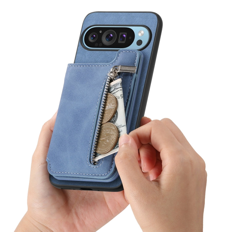 For Google Pixel 8 Pro Retro MagSafe Zipper Wallet Card Bag Back Phone Case(Blue) - Google Cases by PMC TechLife | Online Shopping South Africa | PMC TechLife | Buy Now Pay Later Mobicred