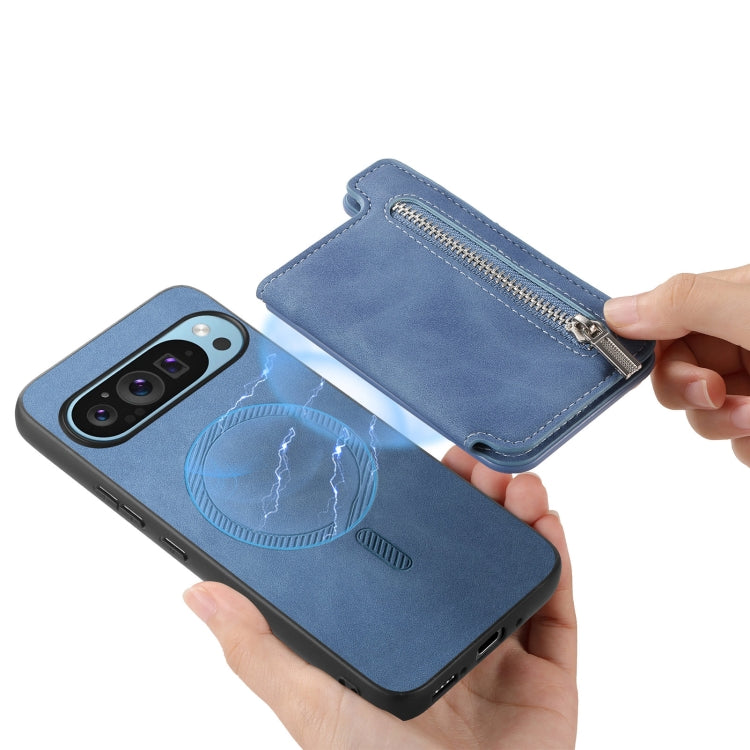 For Google Pixel 8 Pro Retro MagSafe Zipper Wallet Card Bag Back Phone Case(Blue) - Google Cases by PMC TechLife | Online Shopping South Africa | PMC TechLife | Buy Now Pay Later Mobicred