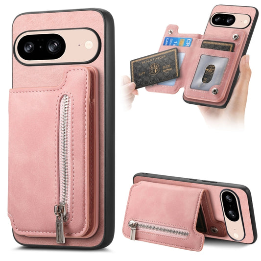 For Google Pixel 8 Retro MagSafe Zipper Wallet Card Bag Back Phone Case(Pink) - Google Cases by PMC Jewellery | Online Shopping South Africa | PMC Jewellery | Buy Now Pay Later Mobicred