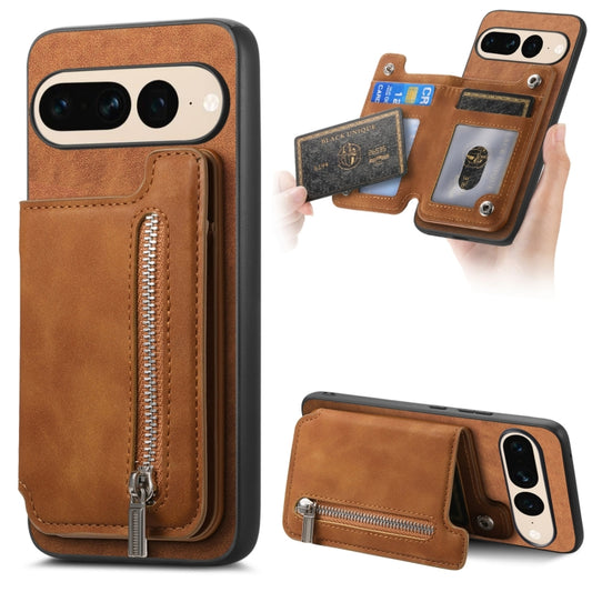 For Google Pixel 7 Pro Retro MagSafe Zipper Wallet Card Bag Back Phone Case(Brown) - Google Cases by PMC Jewellery | Online Shopping South Africa | PMC Jewellery | Buy Now Pay Later Mobicred