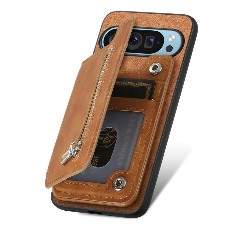 For Google Pixel 7 Pro Retro MagSafe Zipper Wallet Card Bag Back Phone Case(Brown) - Google Cases by PMC TechLife | Online Shopping South Africa | PMC TechLife | Buy Now Pay Later Mobicred