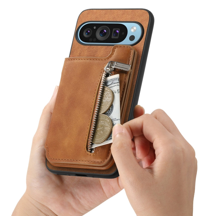 For Google Pixel 7 Pro Retro MagSafe Zipper Wallet Card Bag Back Phone Case(Brown) - Google Cases by PMC TechLife | Online Shopping South Africa | PMC TechLife | Buy Now Pay Later Mobicred