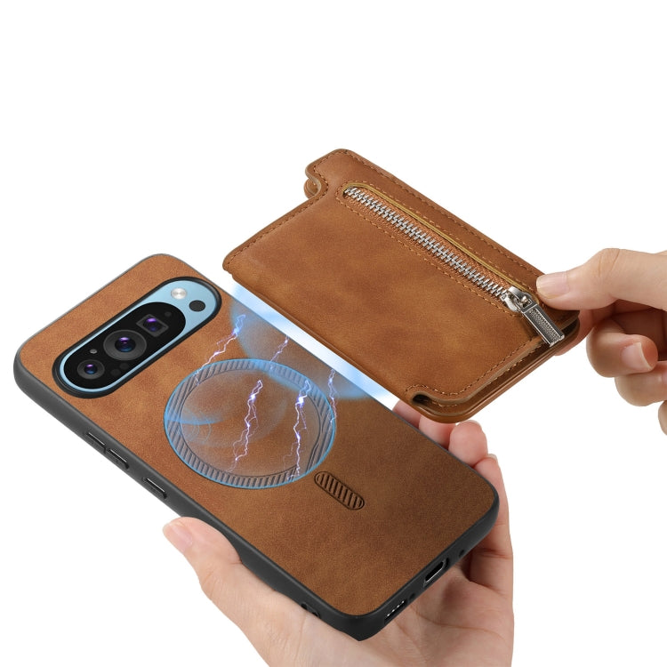 For Google Pixel 7 Pro Retro MagSafe Zipper Wallet Card Bag Back Phone Case(Brown) - Google Cases by PMC TechLife | Online Shopping South Africa | PMC TechLife | Buy Now Pay Later Mobicred