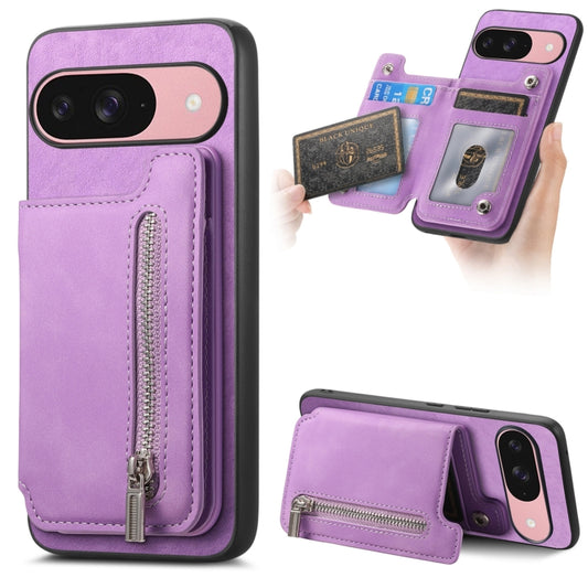 For Google Pixel 9 / 9 Pro Retro MagSafe Zipper Wallet Card Bag Back Phone Case(Purple) - Google Cases by PMC Jewellery | Online Shopping South Africa | PMC Jewellery | Buy Now Pay Later Mobicred