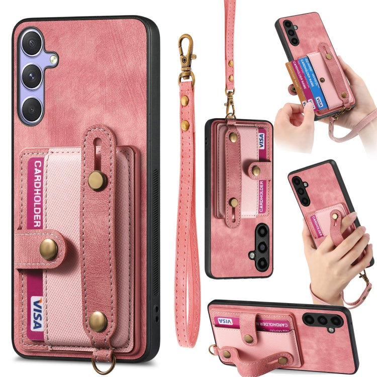 For Samsung Galaxy S25 5G Retro Cross Wristband Wallet Leather Back Phone Case(Pink) - Galaxy S25 5G Cases by PMC Jewellery | Online Shopping South Africa | PMC Jewellery | Buy Now Pay Later Mobicred