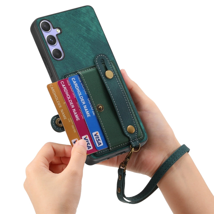 For Samsung Galaxy S25+ 5G Retro Cross Wristband Wallet Leather Back Phone Case(Green) - Galaxy S25+ 5G Cases by PMC Jewellery | Online Shopping South Africa | PMC Jewellery | Buy Now Pay Later Mobicred