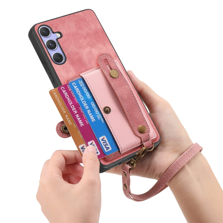 For Samsung Galaxy S25+ 5G Retro Cross Wristband Wallet Leather Back Phone Case(Pink) - Galaxy S25+ 5G Cases by PMC Jewellery | Online Shopping South Africa | PMC Jewellery | Buy Now Pay Later Mobicred