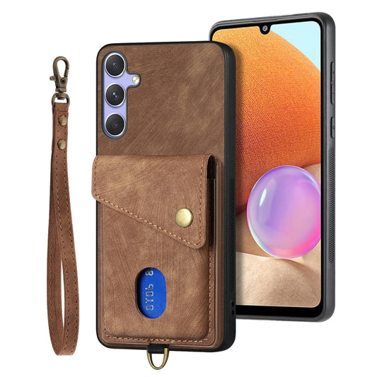 For Samsung Galaxy S25 5G Retro Card Wallet Fold Leather Phone Case with Strap(Brown) - Galaxy S25 5G Cases by PMC Jewellery | Online Shopping South Africa | PMC Jewellery | Buy Now Pay Later Mobicred