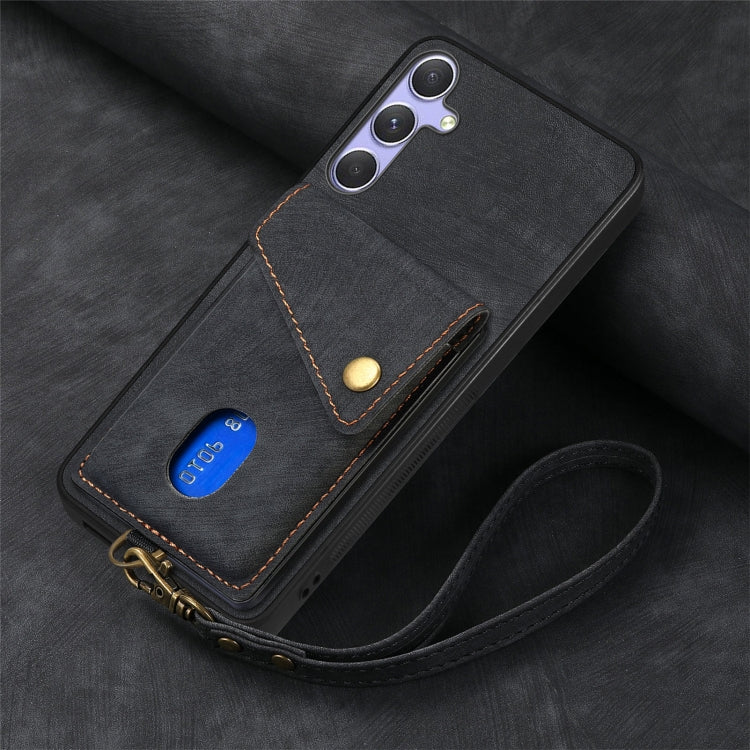 For Samsung Galaxy S25+ 5G Retro Card Wallet Fold Leather Phone Case with Strap(Black) - Galaxy S25+ 5G Cases by PMC TechLife | Online Shopping South Africa | PMC TechLife | Buy Now Pay Later Mobicred