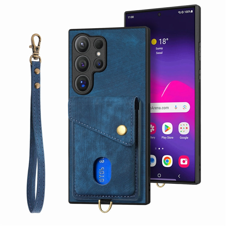 For Samsung Galaxy S25 Ultra 5G Retro Card Wallet Fold Leather Phone Case with Strap(Blue) - Galaxy S25 Ultra 5G Cases by PMC Jewellery | Online Shopping South Africa | PMC Jewellery | Buy Now Pay Later Mobicred