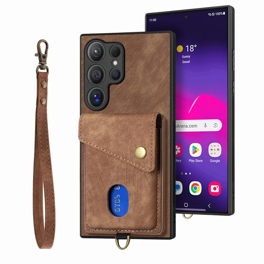 For Samsung Galaxy S25 Ultra 5G Retro Card Wallet Fold Leather Phone Case with Strap(Brown) - Galaxy S25 Ultra 5G Cases by PMC Jewellery | Online Shopping South Africa | PMC Jewellery | Buy Now Pay Later Mobicred