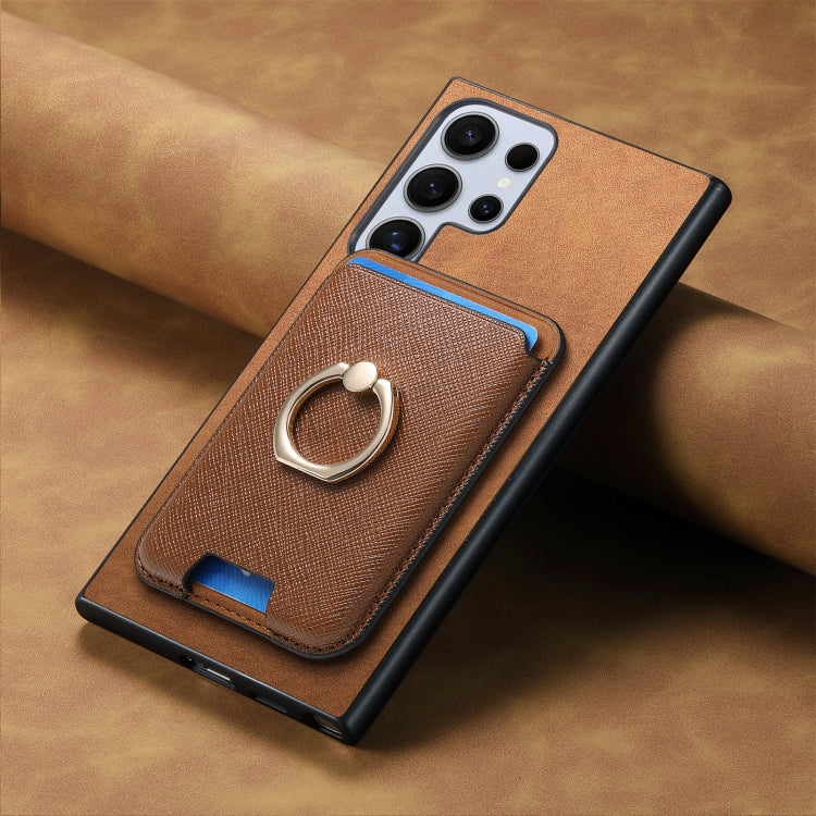 For Samsung Galaxy S25 Ultra 5G Retro Cross Leather Ring Vertical Insert Card Bag MagSafe Phone Case(Brown) - Galaxy S25 Ultra 5G Cases by PMC Jewellery | Online Shopping South Africa | PMC Jewellery | Buy Now Pay Later Mobicred