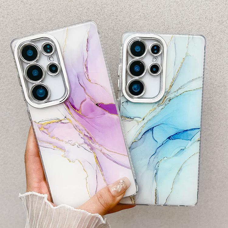 For Samsung Galaxy S25 5G Electroplated Marble Texture Phone Case(Gold Pink Red M12) - Galaxy S25 5G Cases by PMC Jewellery | Online Shopping South Africa | PMC Jewellery | Buy Now Pay Later Mobicred