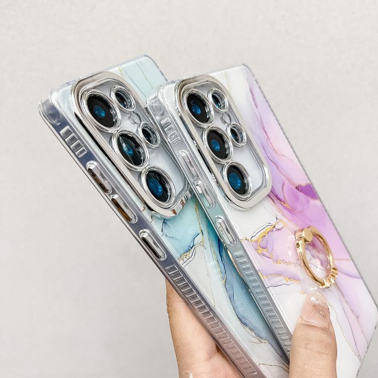 For Samsung Galaxy S25+ 5G Electroplated Marble Texture Ring Holder Phone Case(Pink S2) - Galaxy S25+ 5G Cases by PMC Jewellery | Online Shopping South Africa | PMC Jewellery | Buy Now Pay Later Mobicred