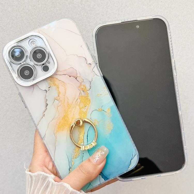 For iPhone 16e Electroplated Marble Texture Ring Holder Phone Case(Pink S2) - iPhone 16e Cases by PMC TechLife | Online Shopping South Africa | PMC TechLife | Buy Now Pay Later Mobicred
