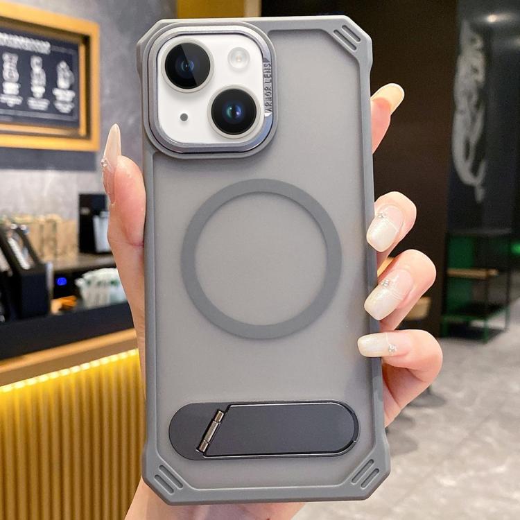 For iPhone 13 Skin Feel Frameless MagSafe PC Phone Case with Fold Holder(Grey) - iPhone 13 Cases by PMc TechLife | Online Shopping South Africa | PMc TechLife | Buy Now Pay Later Mobicred