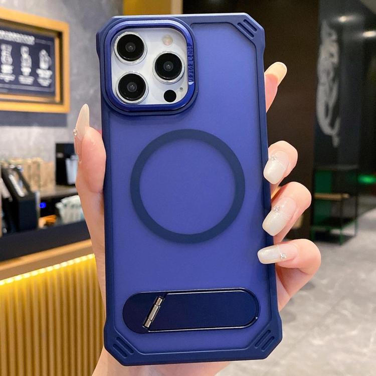 For iPhone 13 Pro Max Skin Feel Frameless MagSafe PC Phone Case with Fold Holder(Blue) - iPhone 13 Pro Max Cases by PMc TechLife | Online Shopping South Africa | PMc TechLife | Buy Now Pay Later Mobicred